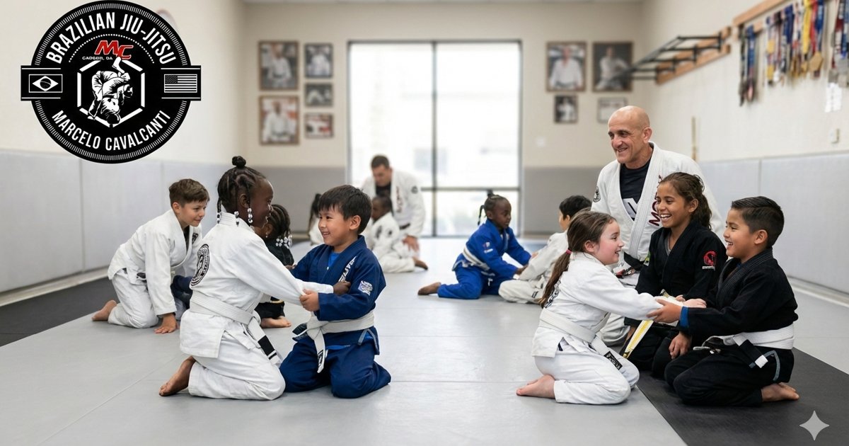 Kids practicing Brazilian Jiu-Jitsu with an instructor at MCBJJ in Carson, CA