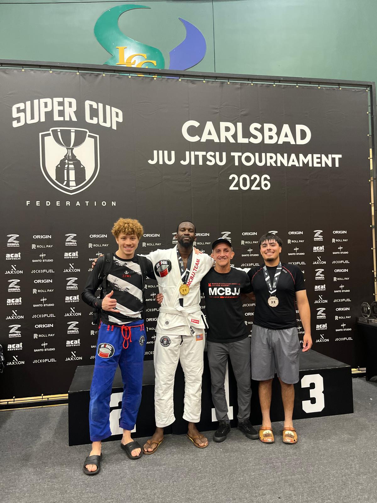 MCBJJ team at Super Cup Carlsbad Jiu-Jitsu Tournament 2026 podium